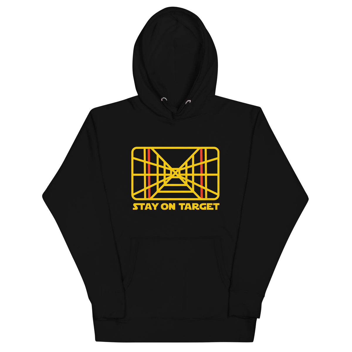 Black hoodie with yellow graphic and text &#39;Stay on Target&#39; on a white background