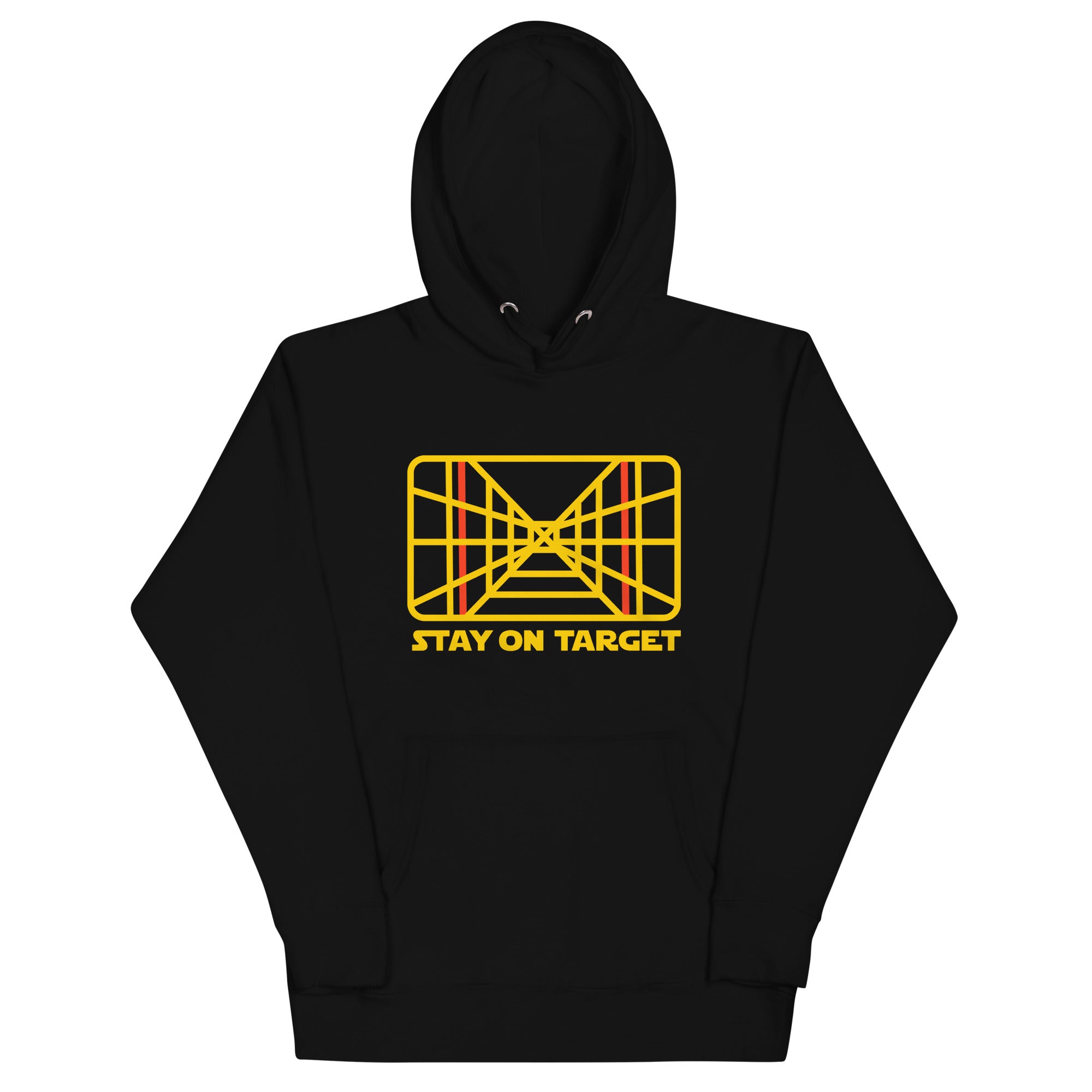 Black hoodie with yellow graphic and text 'Stay on Target' on a white background