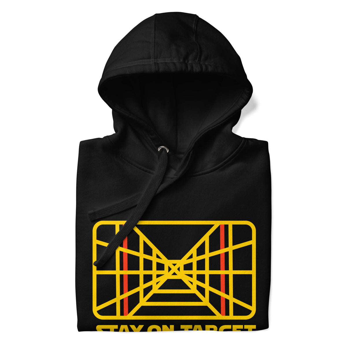 Black hoodie with yellow geometric design and text on a white background
