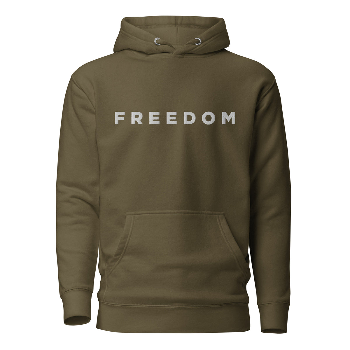 Brown hoodie with &#39;FREEDOM&#39; text on a white background