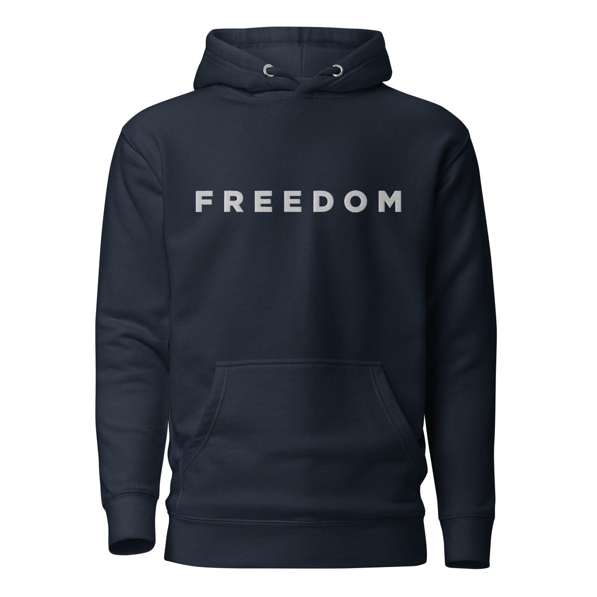 Navy blue hoodie with &#39;FREEDOM&#39; text on a white background