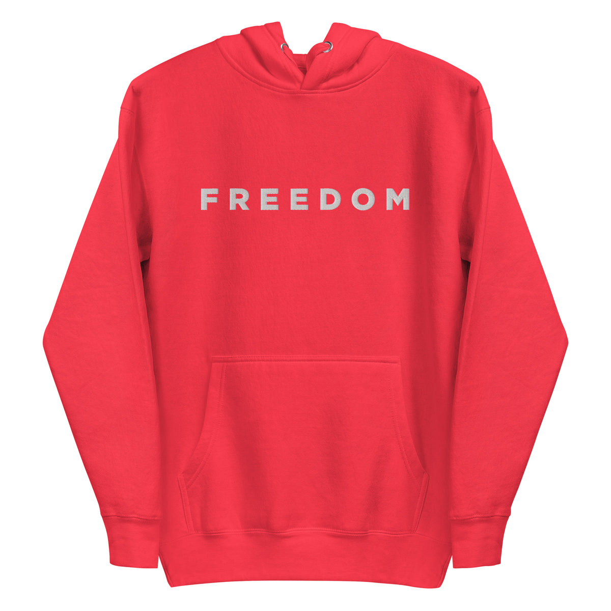 Red hoodie with &#39;FREEDOM&#39; printed on the chest against a white background