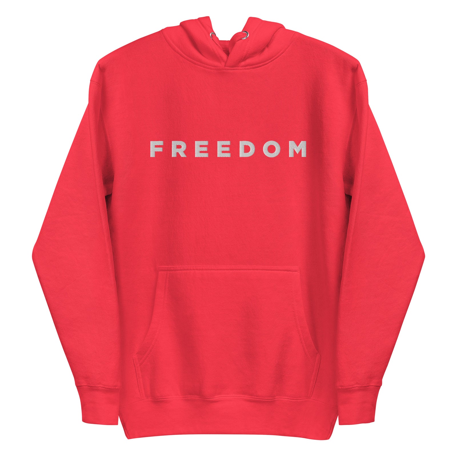 Red hoodie with 'FREEDOM' printed on the chest against a white background