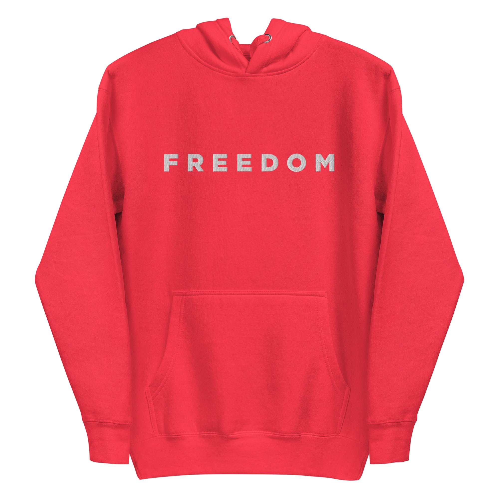 Red hoodie with 'FREEDOM' printed on the chest against a white background