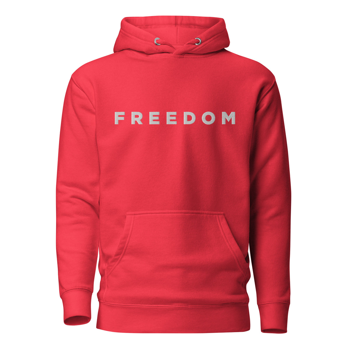 Red hoodie with &#39;FREEDOM&#39; printed on the chest against a white background