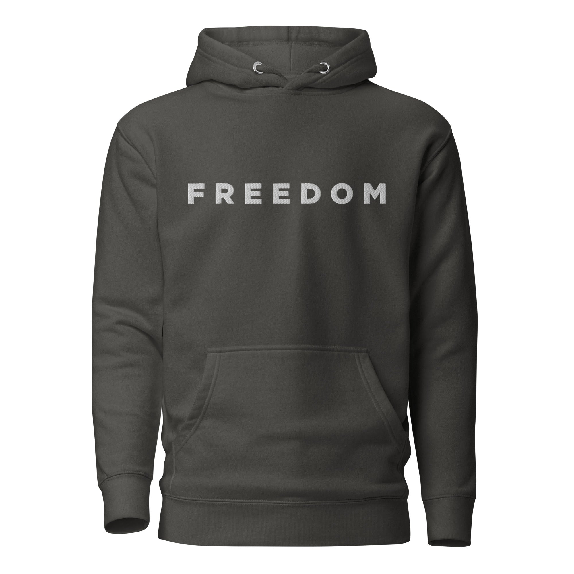 Dark gray hoodie with 'FREEDOM' text on a white background