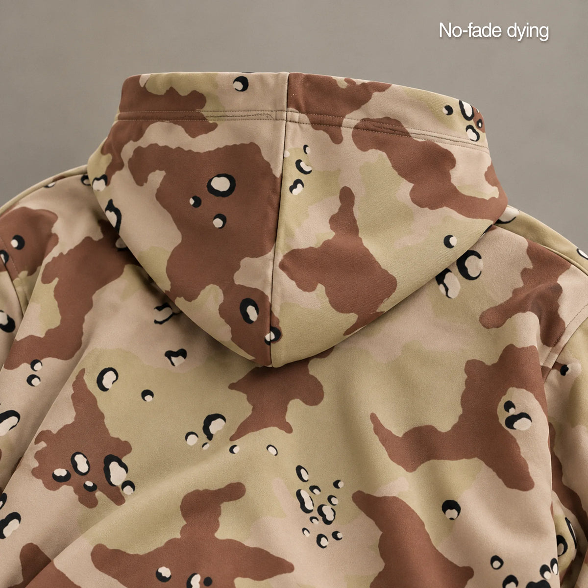 Six-color desert camo hoodie hood detail showing 330 GSM fabric, stitching and camouflage print