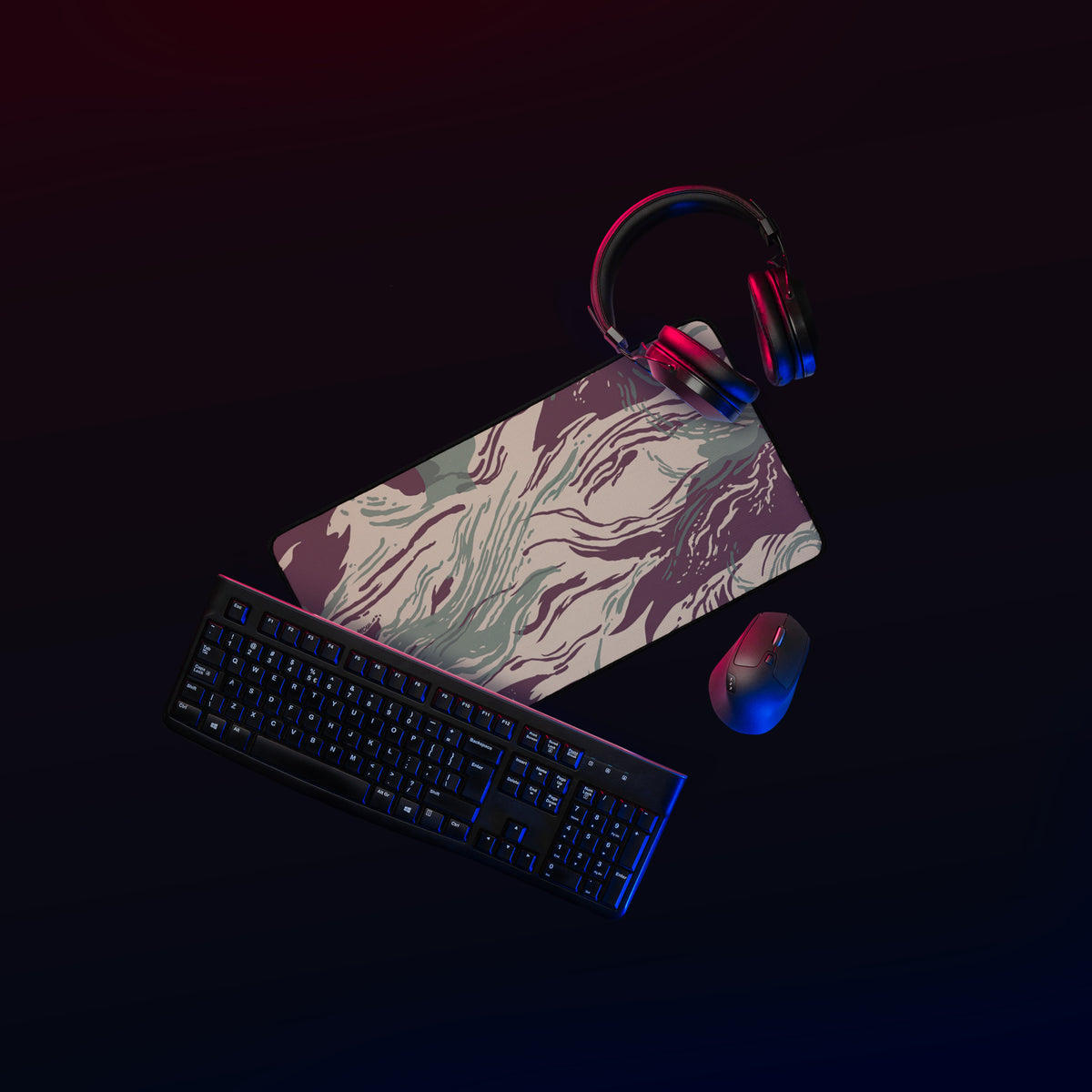 Gaming setup with keyboard, mouse, and headset on a dark background