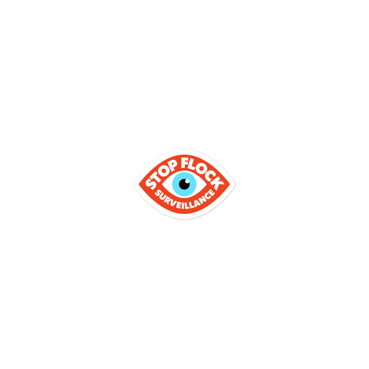 A die-cut sticker featuring a stylized eye with a blue iris and black pupil, surrounded by a red border with the words 'STOP FLOCK SURVEILLANCE' in white text, shown on a plain white background.