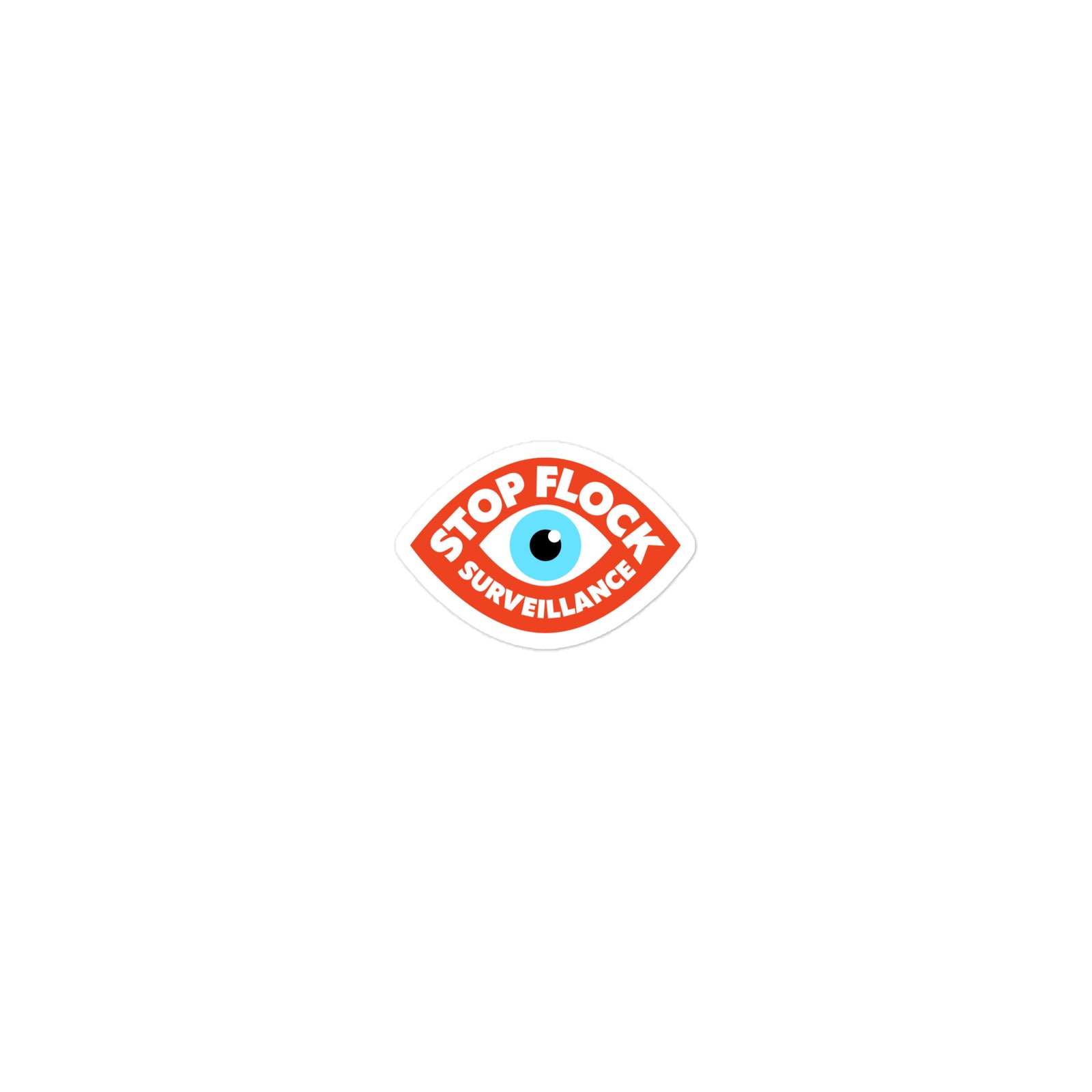 A die-cut sticker featuring a stylized eye with a blue iris and black pupil, surrounded by a red border with the words 'STOP FLOCK SURVEILLANCE' in white text, shown on a plain white background.
