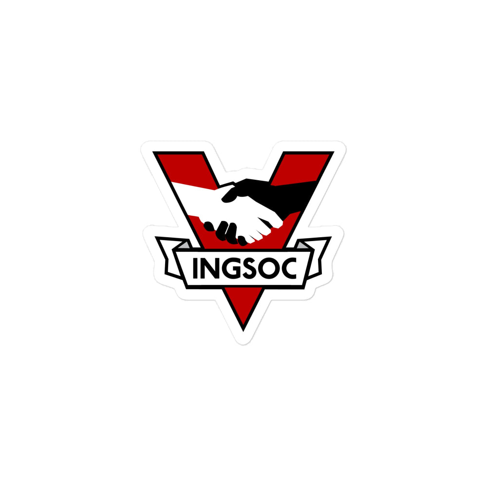 Sticker with 'INGSOC' logo featuring a hand holding a V on a white background