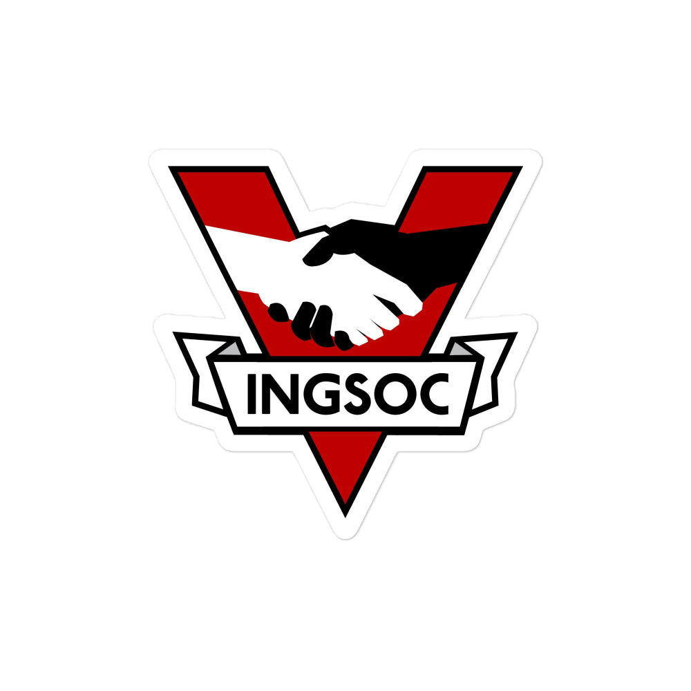 Logo with a handshake between two hands, one red and one white, on a red triangle with 'INGSOC' text below.