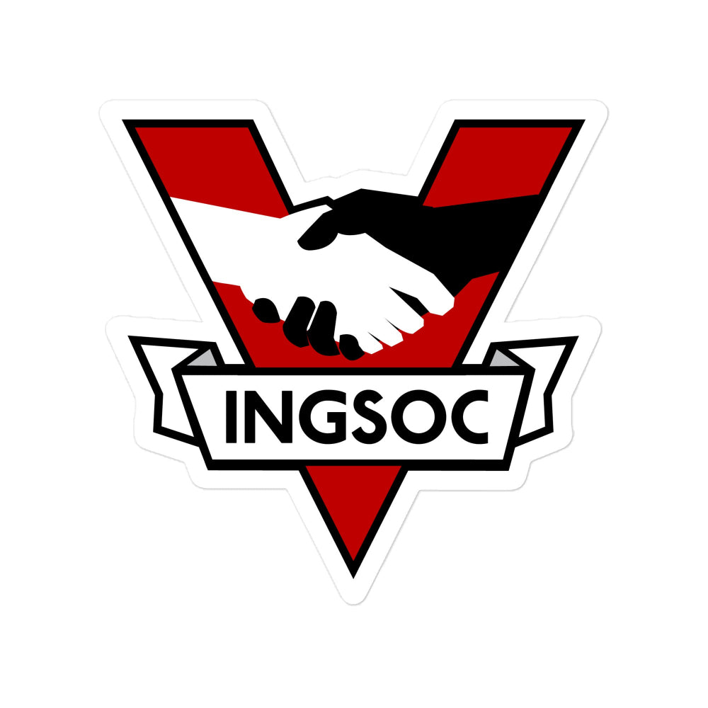 Logo with handshake silhouette and 'INGSOC' text on a red and black triangle
