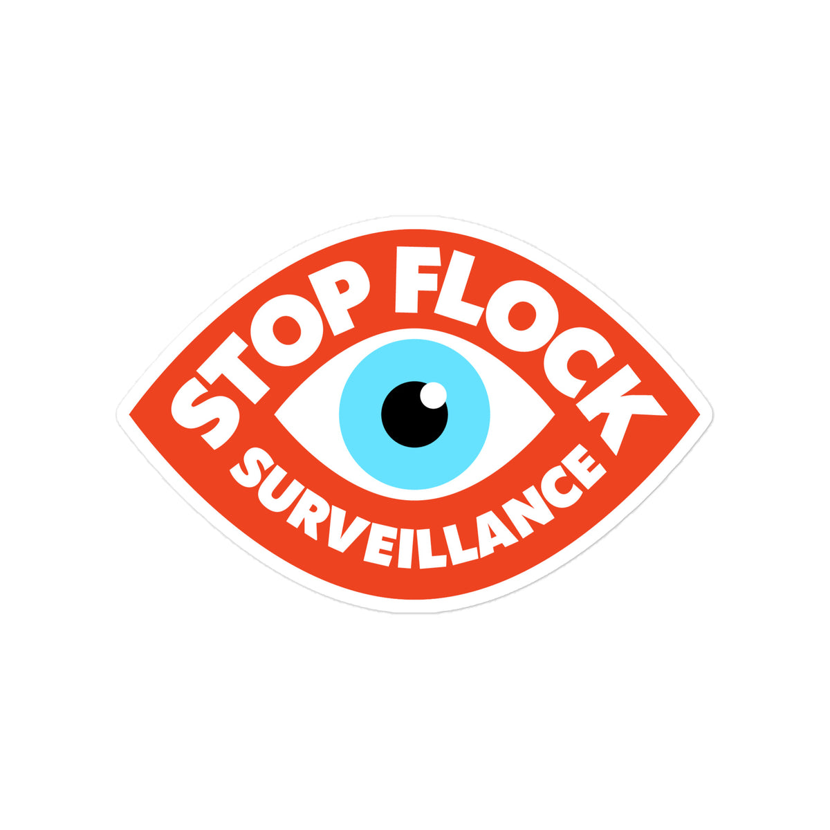 A die-cut sticker featuring a stylized eye with a blue iris and black pupil, surrounded by a red border with the words 'STOP FLOCK SURVEILLANCE' in white text, shown on a plain white background.