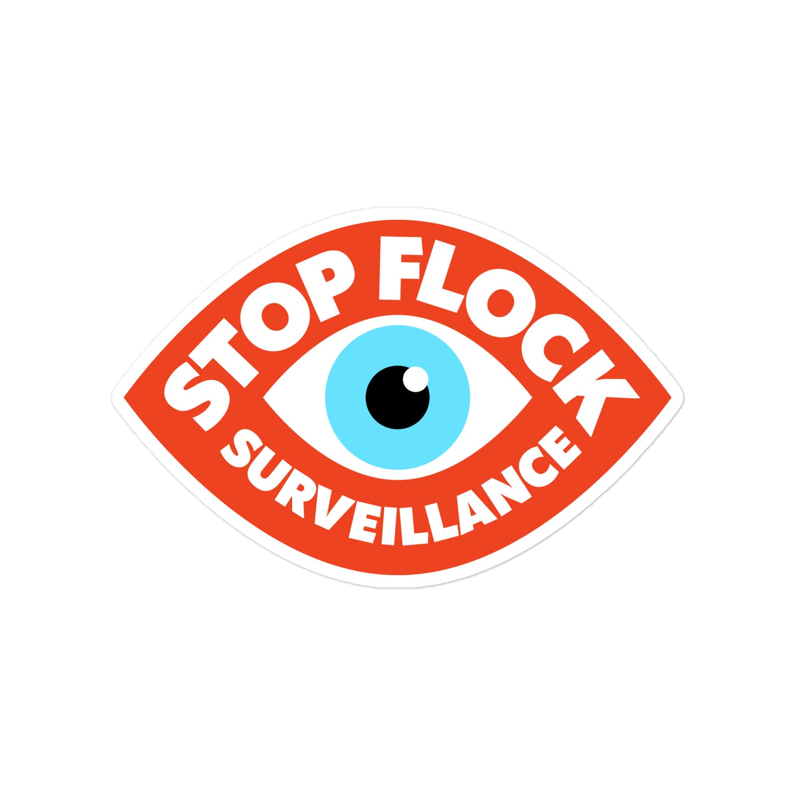 A die-cut sticker featuring a stylized eye with a blue iris and black pupil, surrounded by a red border with the words 'STOP FLOCK SURVEILLANCE' in white text, shown on a plain white background.