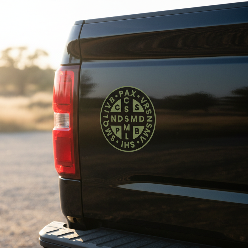Black truck with a circular logo on the back, set against a blurred natural background.
