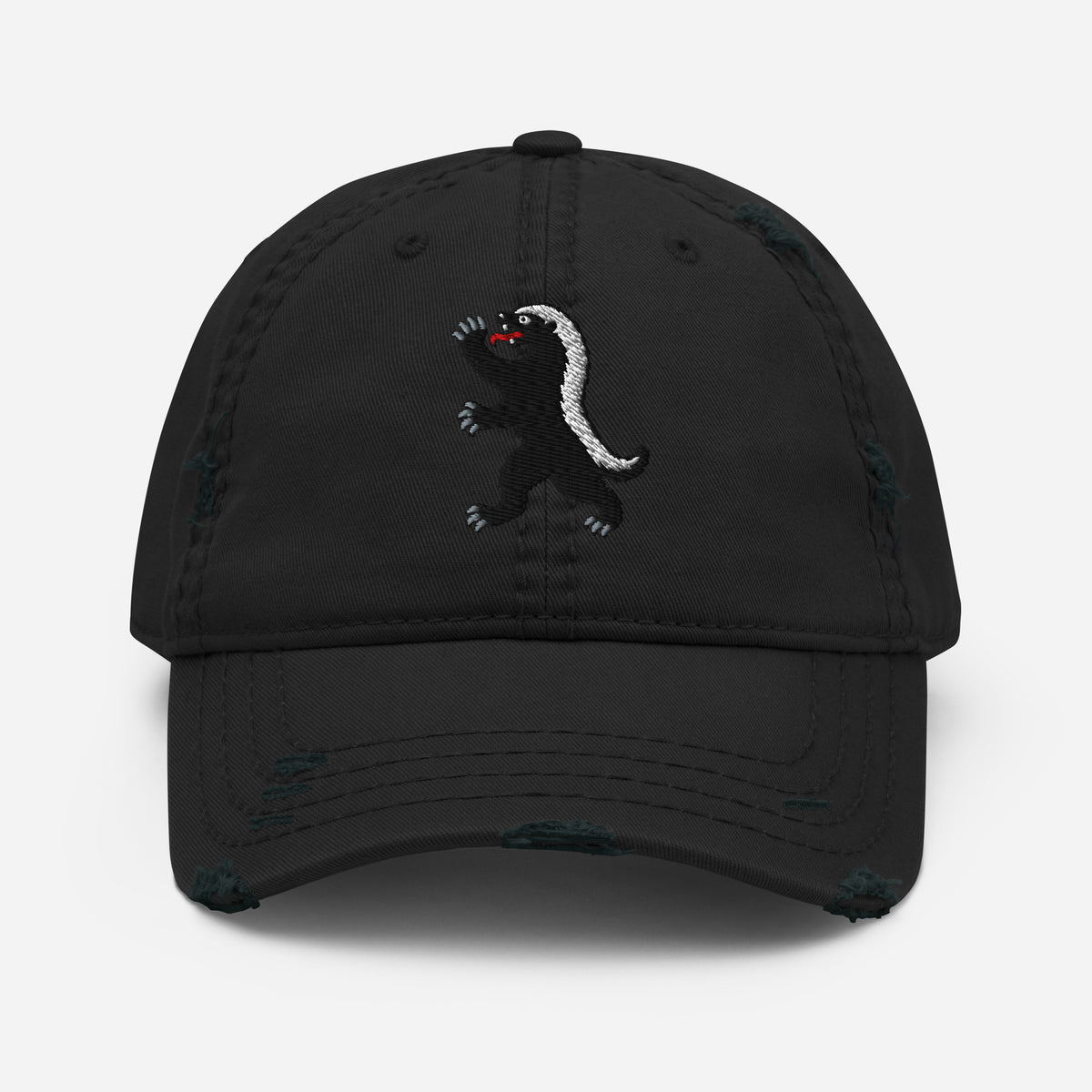 Heraldic Honey Badger Distressed Hat in Black, front view with pale-striped badger embroidery and red tongue