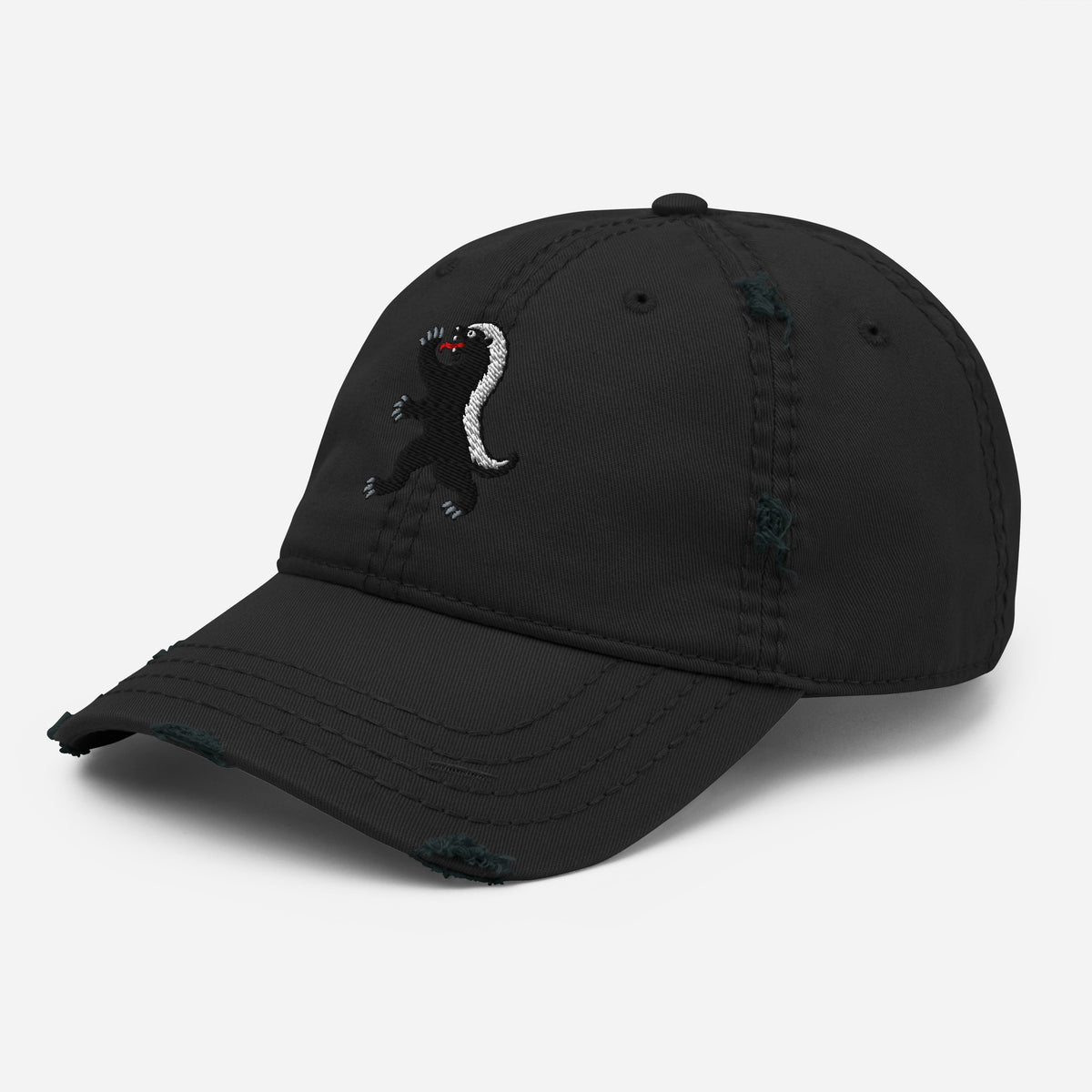 Black heraldic honey badger cap, angled front view showing embroidered emblem and frayed curved bill