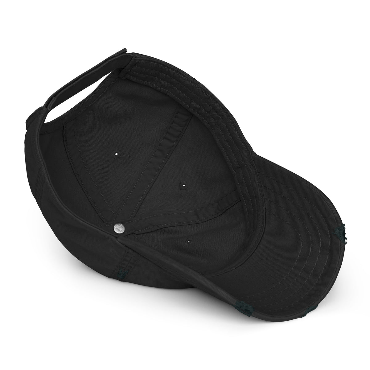 Interior of the Black Honey Badger Distressed Hat, showing unstructured crown, panel seams, inner band, and underside of the brim