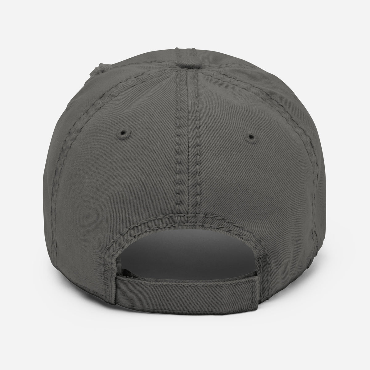 Back of the Charcoal Grey Honey Badger Distressed Hat, showing rear opening and adjustable hook-and-loop strap