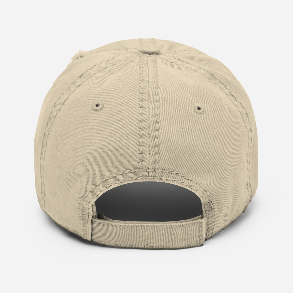 Back of the Khaki Honey Badger Distressed Hat, showing adjustable strap and six-panel crown