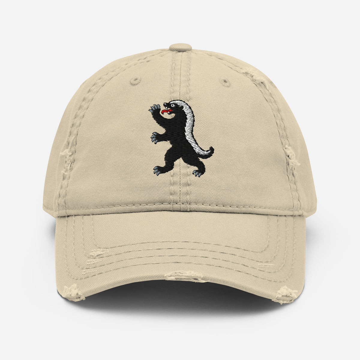 Heraldic Honey Badger Distressed Hat in Khaki, front view with embroidered badger and lightly frayed brim
