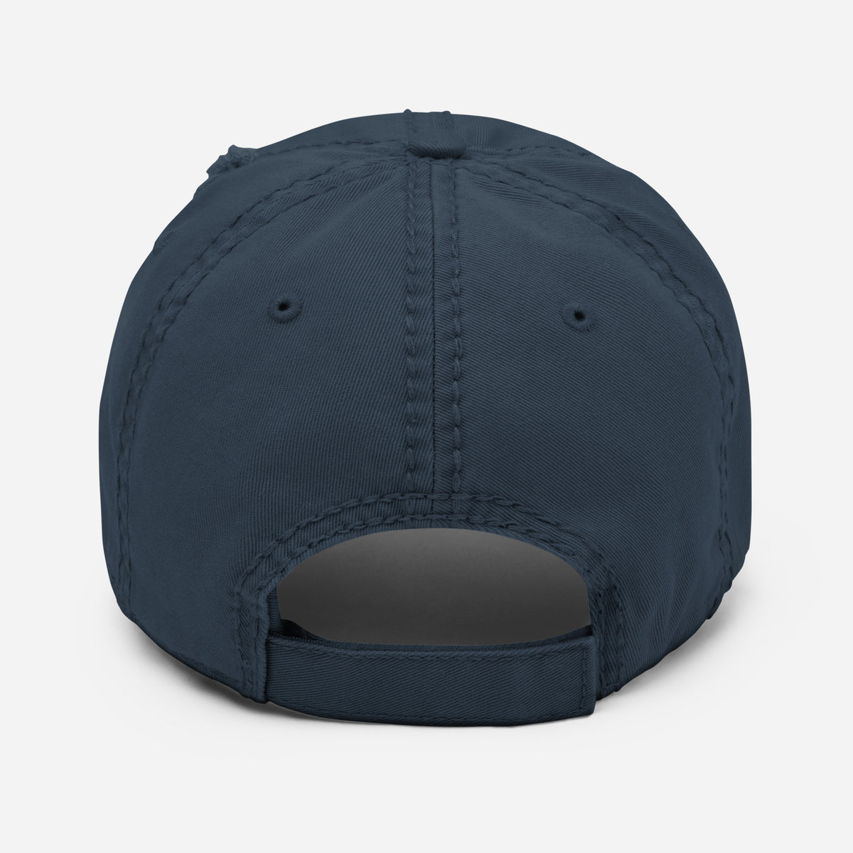 Back of the Navy Honey Badger Distressed Hat, showing adjustable strap and stitched panel seams