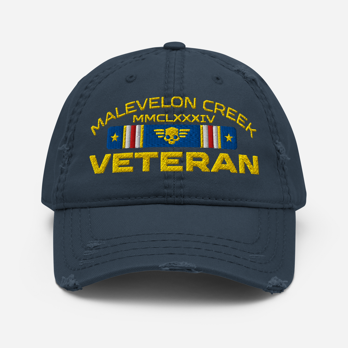 Navy blue cap with embroidered text and symbols on a white background