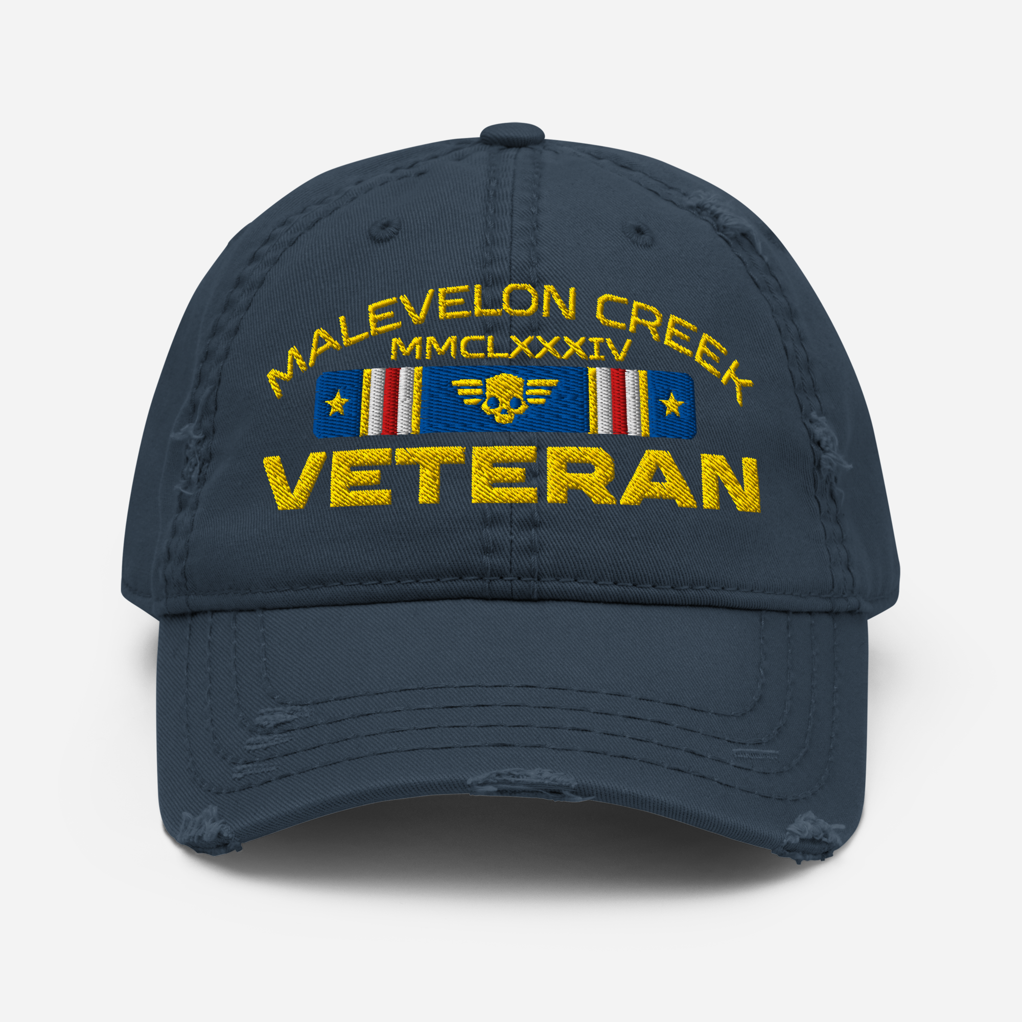 Navy blue cap with embroidered text and symbols on a white background