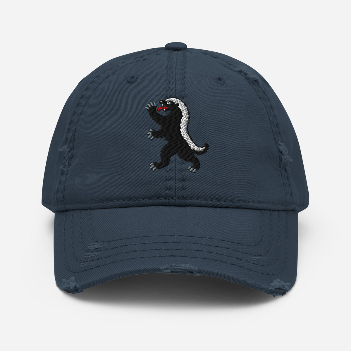 Heraldic Honey Badger Distressed Hat in Navy, front view showing embroidered badger and distressed brim
