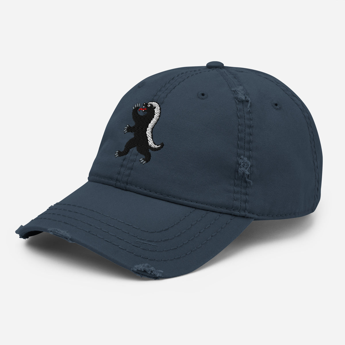 Navy honey badger embroidered dad hat, three-quarter view showing low-profile crown and curved bill