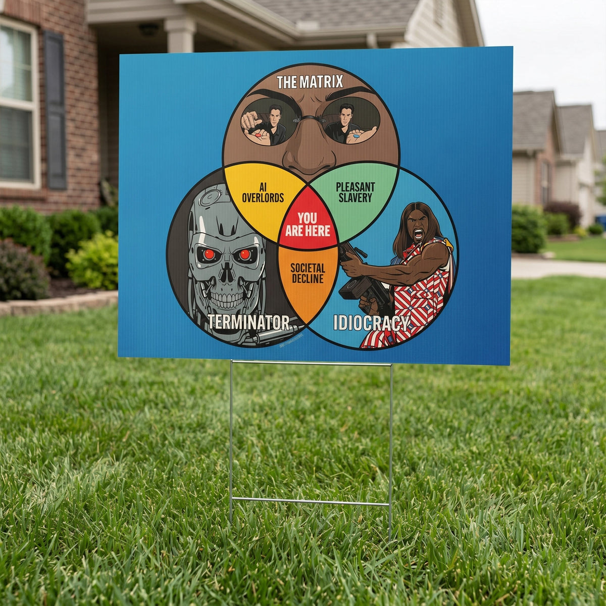 Venn diagram comparing 'The Matrix' and 'Terminator' on a blue background with a house and lawn in the background.