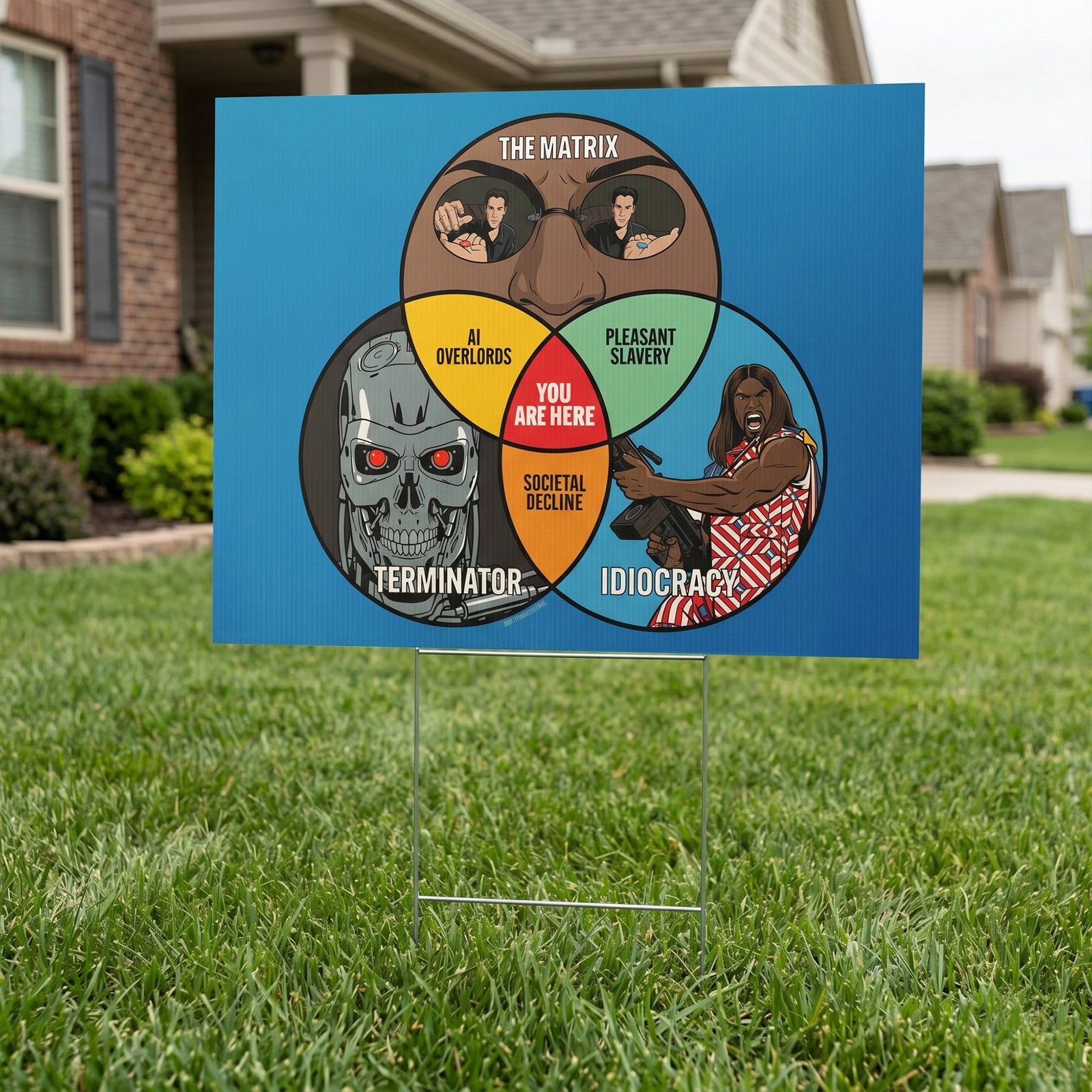 Venn diagram comparing 'The Matrix' and 'Terminator' on a blue background with a house and lawn in the background.