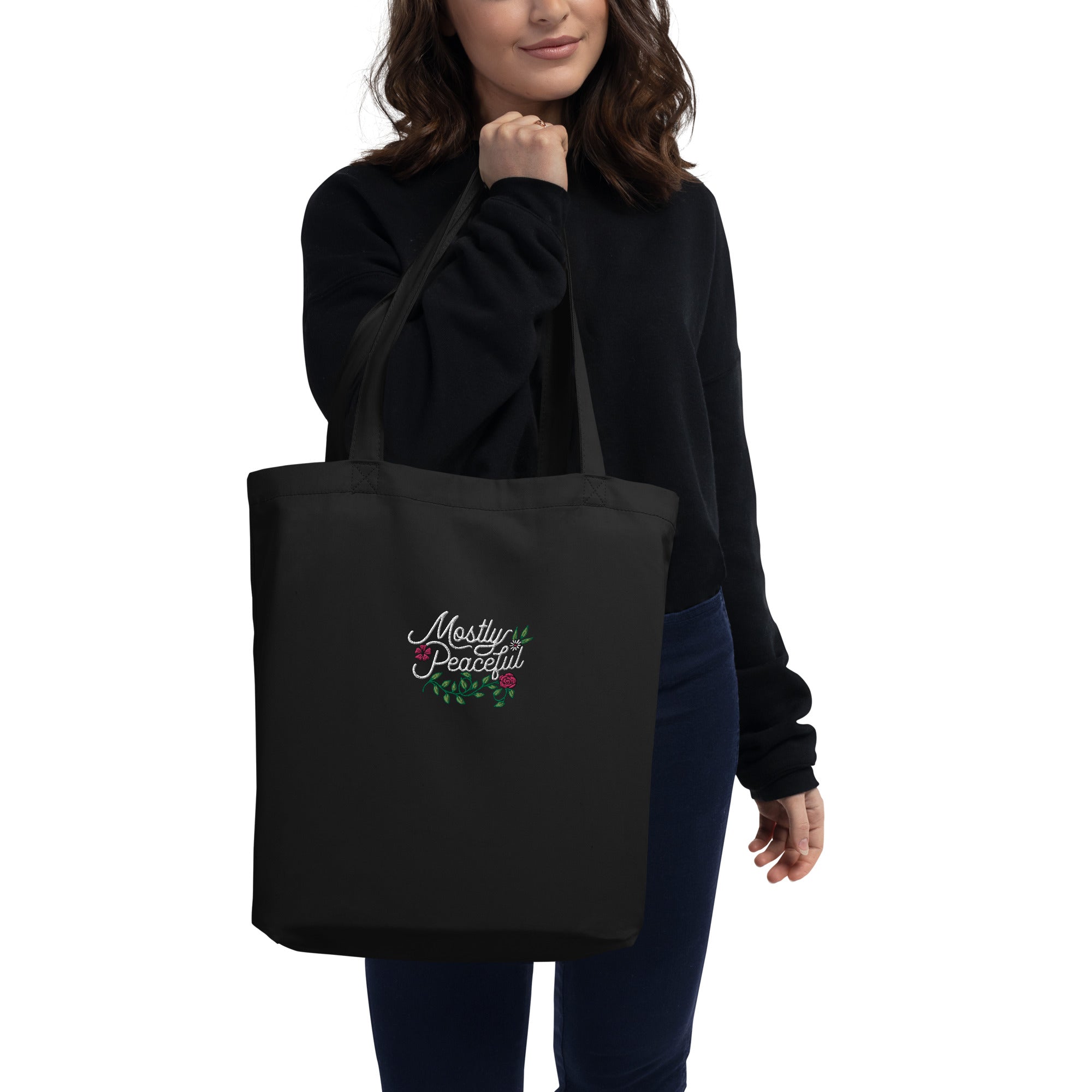 Mostly Peaceful Embroidered Eco Tote Bag