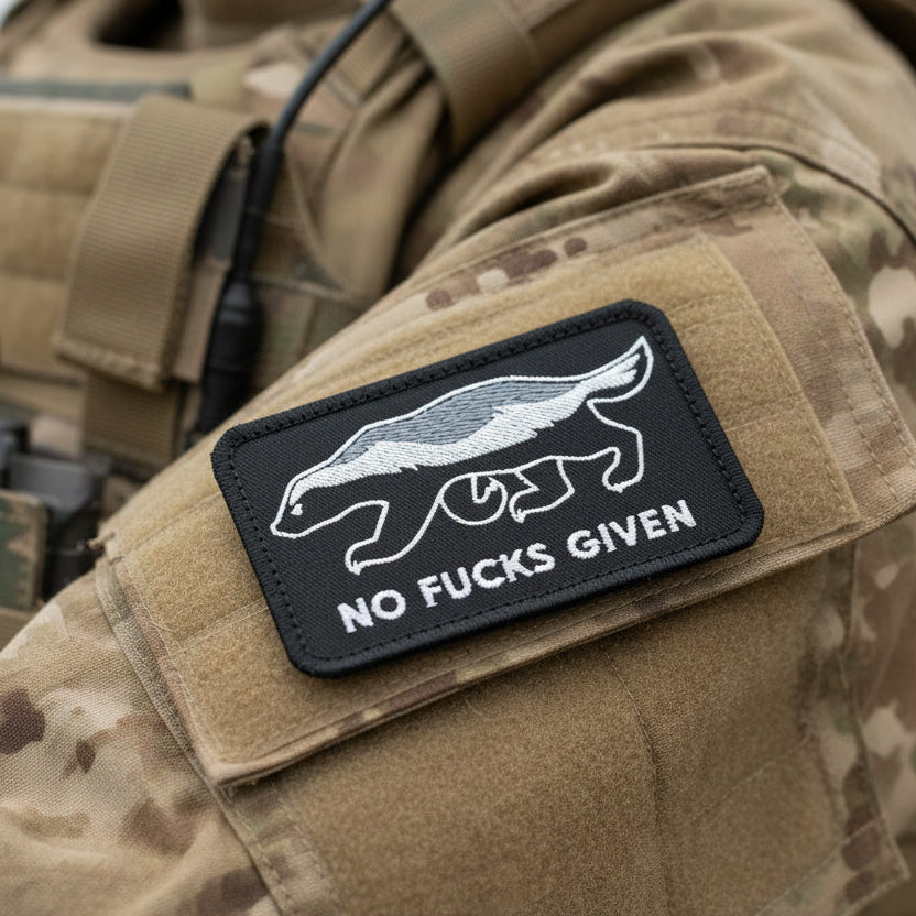 Military patch with a bear graphic and text 'No Fucks Given' on a camouflage uniform.