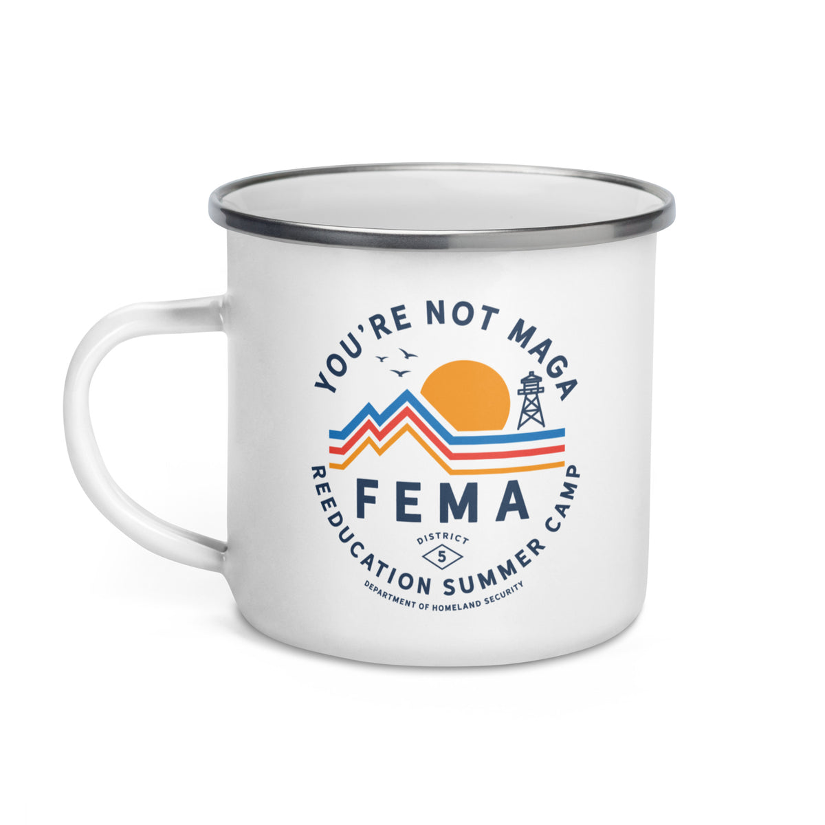 White mug with colorful graphic and text on a white background