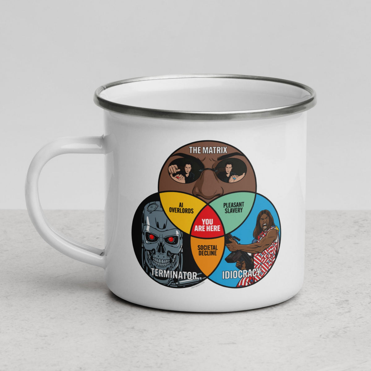 A white enamel campfire mug with a silver metal rim, featuring a colorful Venn diagram graphic on the side combining Terminator, The Matrix, and Idiocracy character illustrations.