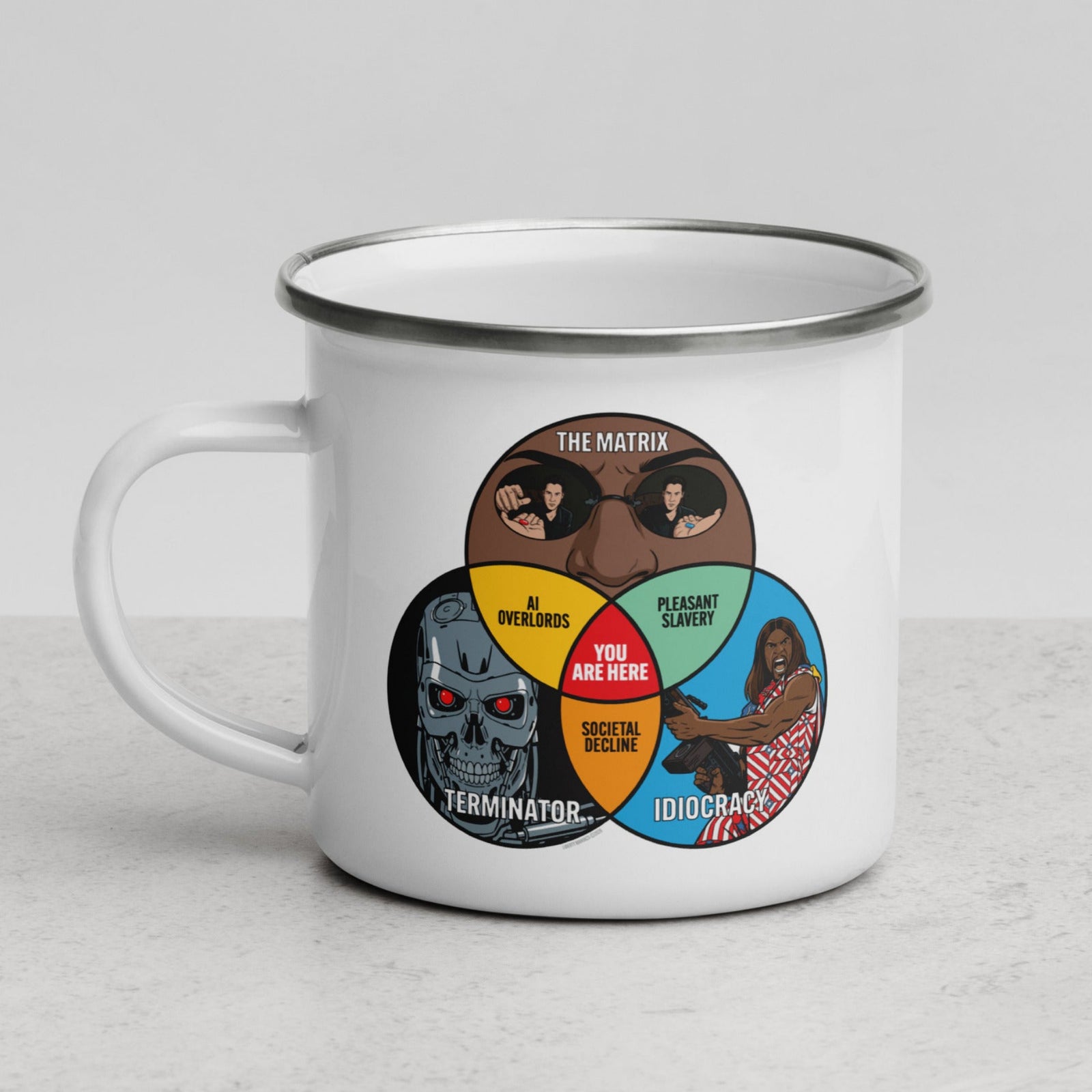A white enamel campfire mug with a silver metal rim, featuring a colorful Venn diagram graphic on the side combining Terminator, The Matrix, and Idiocracy character illustrations.