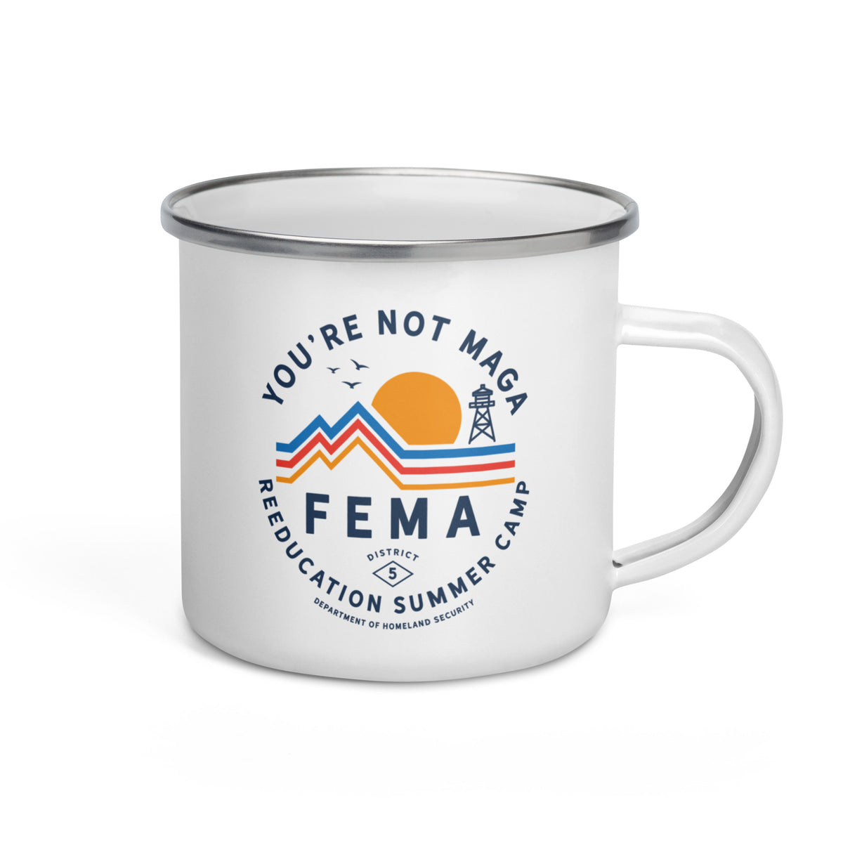 White mug with colorful graphic and text on a white background