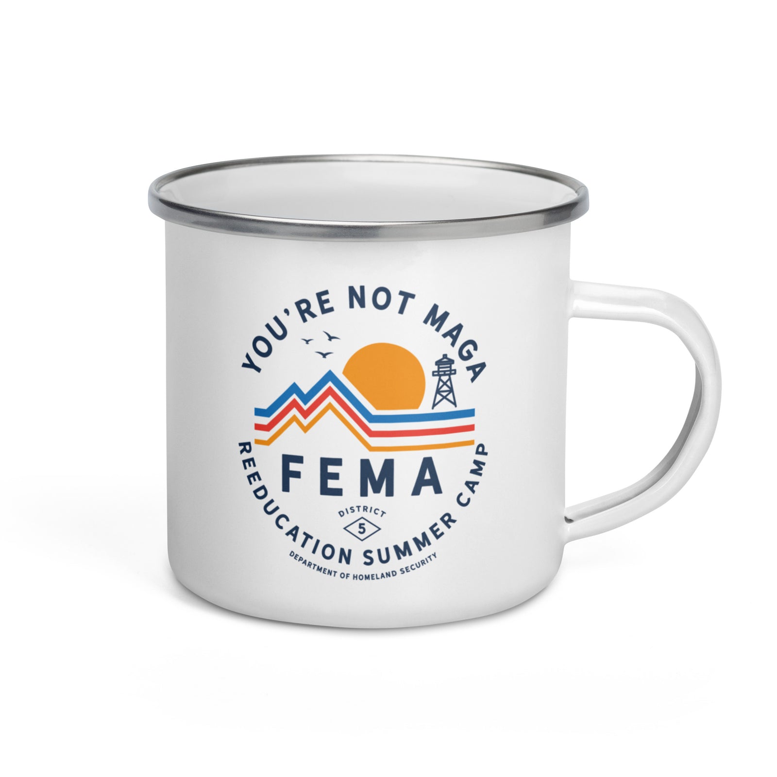 White mug with colorful graphic and text on a white background