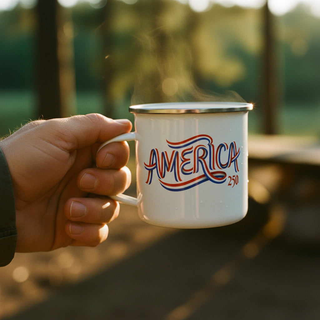 A white enamel camp mug with a silver metal rim and handle, featuring a red and blue graphic that reads 'AMERICA 250' on the front, set against a plain white background.