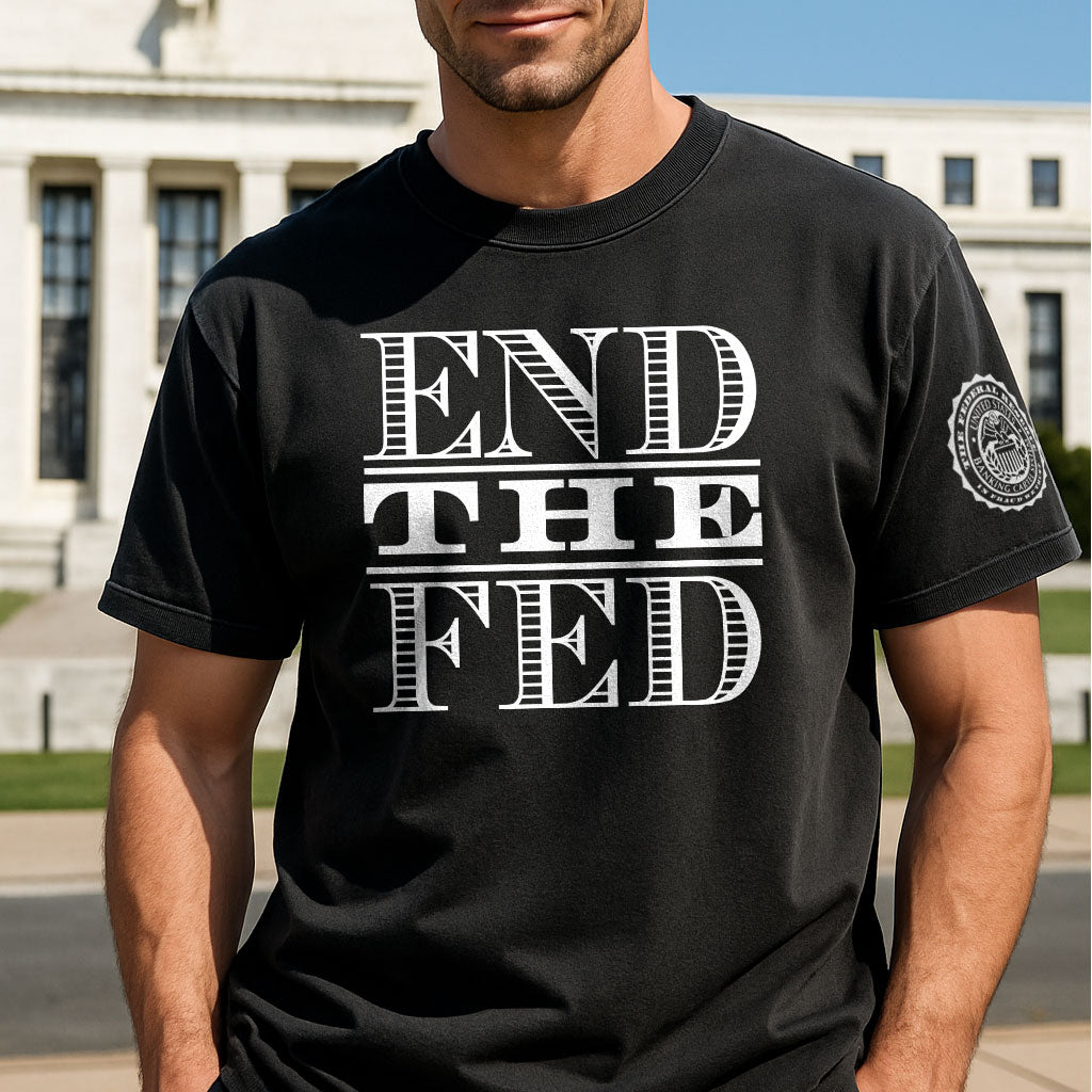 Front view of black “End the Fed” heavyweight T-shirt – Ron Paul 90th Birthday Tribute