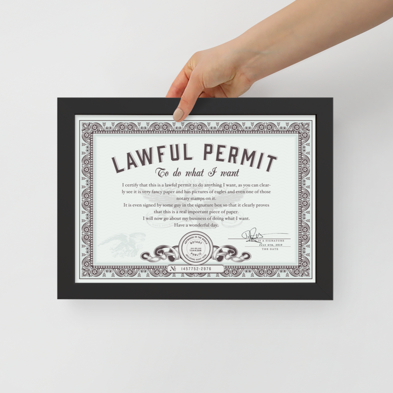 Lawful Permit To Do What You Want Framed Certificate