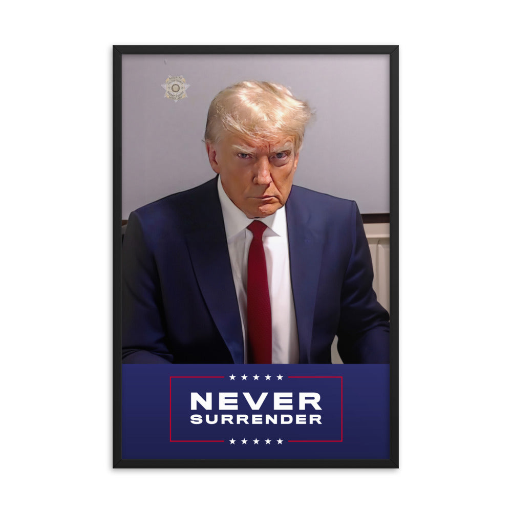 Trump Mugshot Never Surrender Framed Print