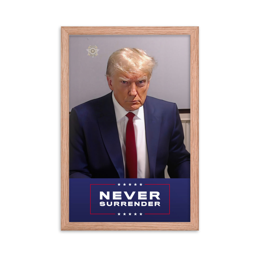 Trump Mugshot Never Surrender Framed Print