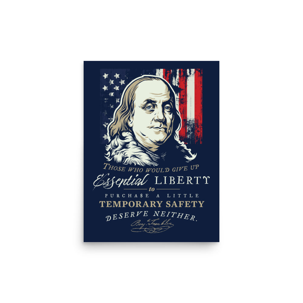 A vertical canvas print featuring a patriotic design with a portrait of Benjamin Franklin, an American flag motif, and a quote by George Washington. The print is shown against a clean white background with a subtle drop shadow.