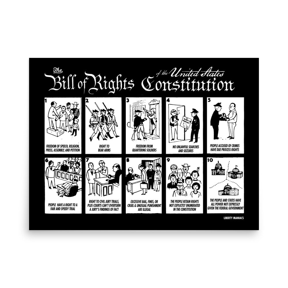 A black canvas print featuring 'The Bill of Rights Constitution' in white text, with ten black-and-white illustrated panels explaining the historical amendments. The canvas is shown against a plain white background with a soft drop shadow.
