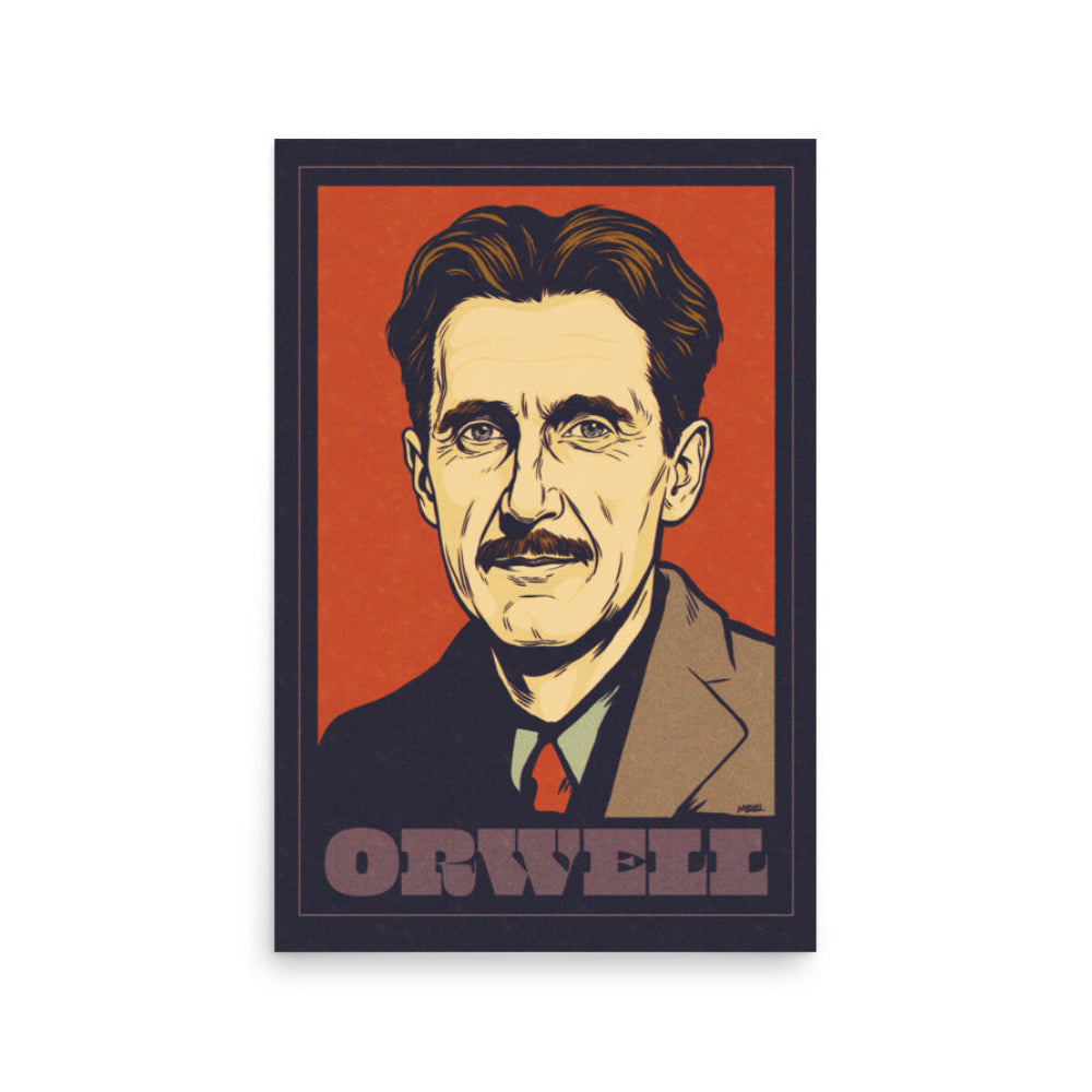 Framed poster of a portrait with 'Orwell' text on a red background