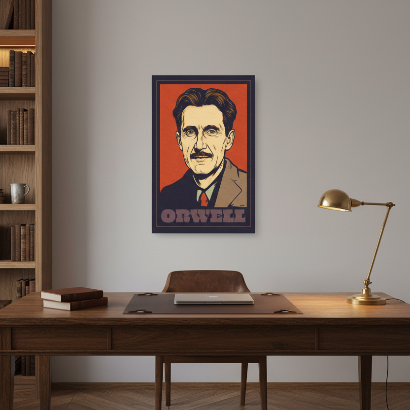 Modern office with wooden desk, bookshelf, and framed poster of a historical figure.