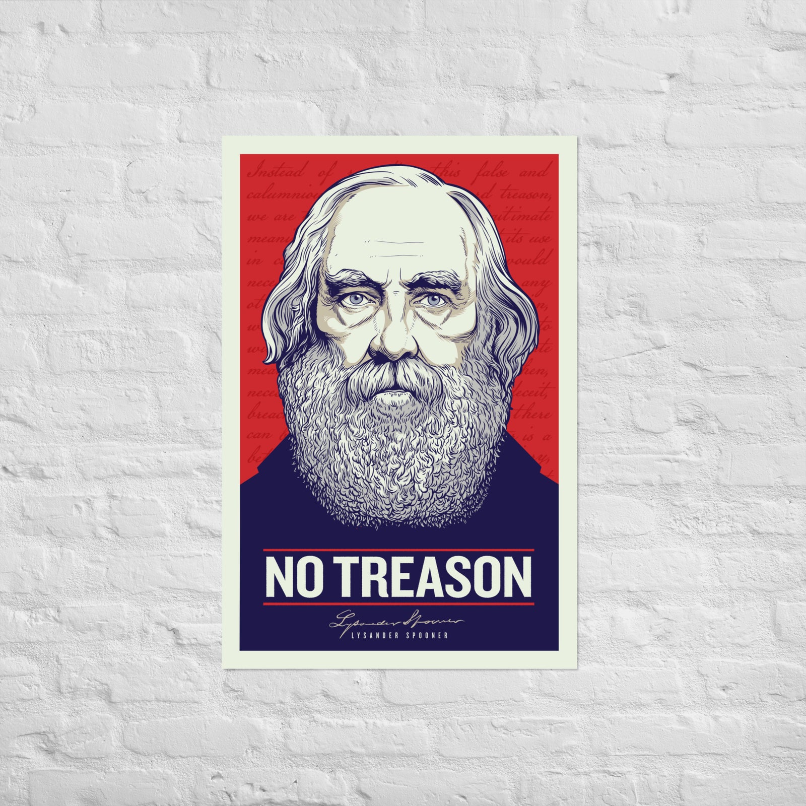 Framed poster with a portrait and 'No Treason' text on a red and blue background, displayed in a room with wooden walls and furniture.